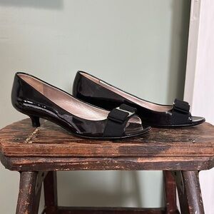 Salvatore Ferragamo Black Patent Leather Open Toe Kitten Heels w/ Grosgrain Bow